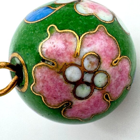 Cloisonne 2 Green Color Beads 16 MM Red White Pink Flowers Beads - Picture 7 of 9